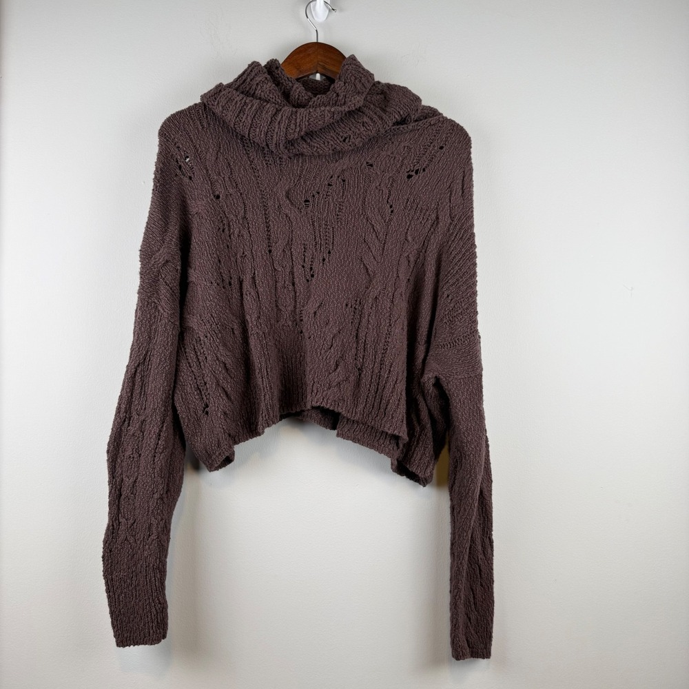 Free People Cowl Neck Sweater Womens L Brown Oversize Cable Knit Boho Slouchy